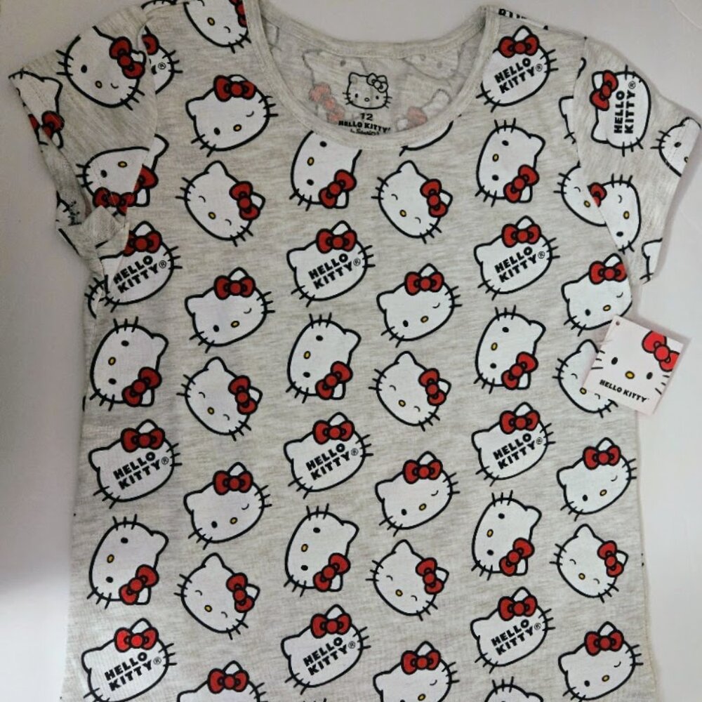 Hello‎ Kitty Girls T-Shirt Size 12 gray allover print Sanrio NWT
